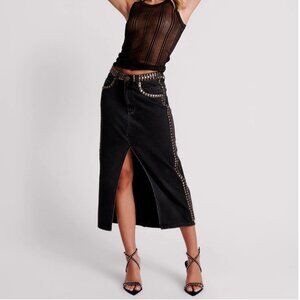 One Teaspoon Studded Denim Maxi Skirt Mid Waist Center Front Split 100% Cotton
